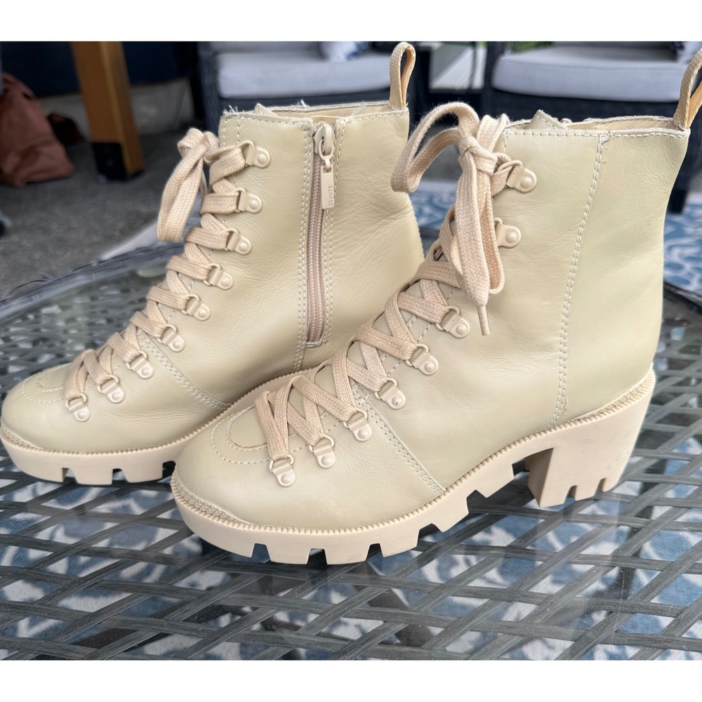 Schutz Women's Cream Leather Lace Up Lug Sole Combat Boots Size 7.5